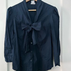 Cooperative Navy Blouse With Puffed Shoulder and Front Bow